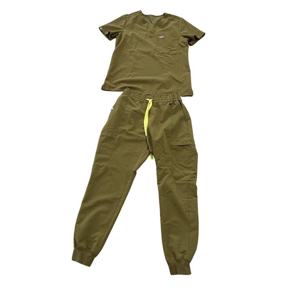 Figs Martini Olive Green Scrub Set Catarina Top sz S Zamora Joggers sz S Petite